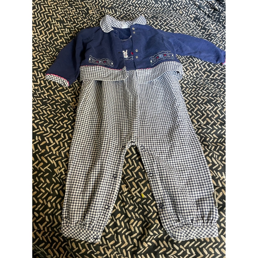 Vintage Baby‎ Romper Set Gingham Check Bunny Embroidery Navy Blue Infant 18 24 m